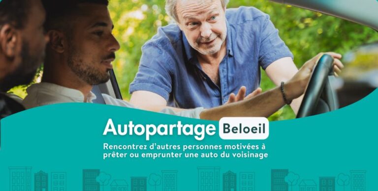 Trois hommes discutent autour d'une voiture, l'un d'eux est au volant. Un bandeau turquoise indique : « Autopartage Beloeil — Rencontrez d’autres personnes motivées à prêter ou emprunter une auto du voisinage ».