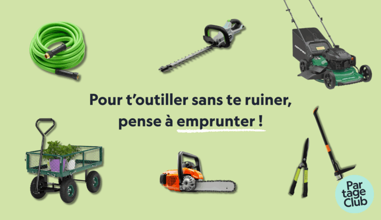 Image promotionnelle avec des outils de jardinage et le message : « Pour t’outiller sans te ruiner, pense à emprunter ! »