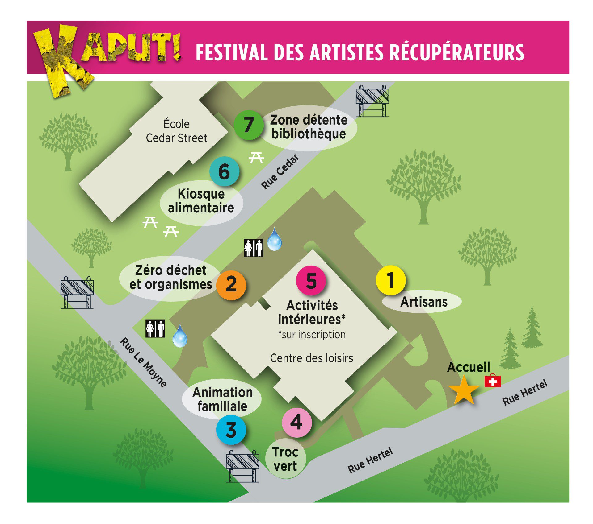 Carte du site du Festival Kaput! 2025, illustrant les emplacements des différentes zones d’activités autour de l’école Cedar Street et du Centre des loisirs.