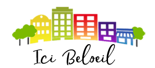 Logo du site Ici Beloeil présentant des bâtiments colorés stylisés au-dessus du texte manuscrit « Ici Beloeil ».