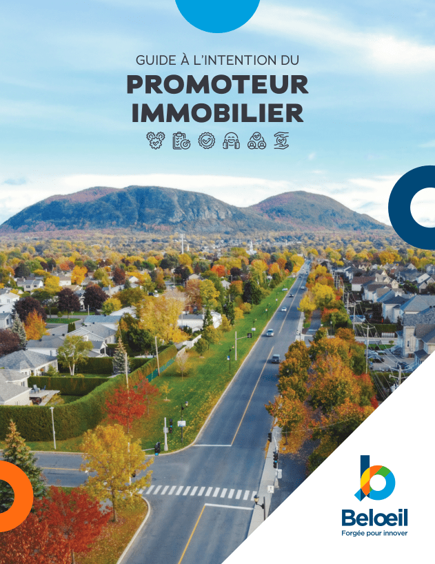 « Couverture du guide intitulé “Guide à l’intention du promoteur immobilier”, avec une vue panoramique d’un quartier résidentiel à Beloeil, des arbres aux couleurs automnales et des montagnes en arrière-plan. Logo “Beloeil – Forgée pour innover” en bas à droite. »