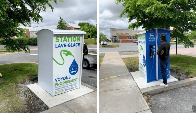 Deux photos d’une station extérieure de recharge de lave-glace : à gauche, vue complète avec l’enseigne « STATION LAVE-GLACE » et un design vert et bleu; à droite, une personne utilise la station pour remplir du lave-glace.
