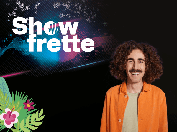 Visuel promotionnel du « Showfrette » avec un homme souriant aux cheveux bouclés, des éléments graphiques colorés et une ambiance festive.