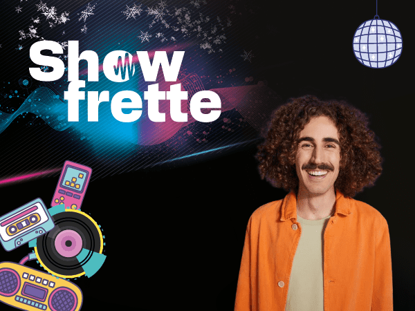 Visuel promotionnel du « Show frette » avec un homme souriant aux cheveux bouclés, des éléments graphiques musicaux et une ambiance festive hivernale.
