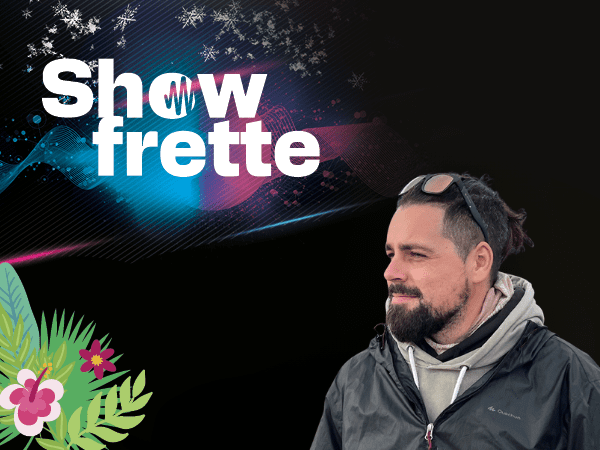 Visuel promotionnel du « Showfrette » avec un homme barbu en manteau d’hiver, des éléments graphiques colorés et une ambiance festive.