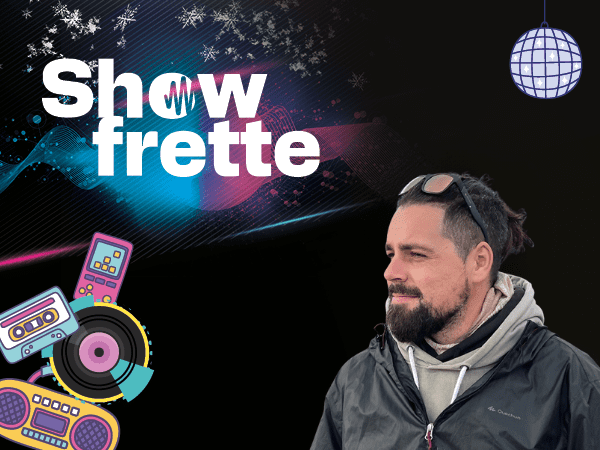 Visuel promotionnel du « Showfrette » avec un homme barbu en manteau d’hiver, des éléments graphiques colorés et une ambiance festive hivernale.
