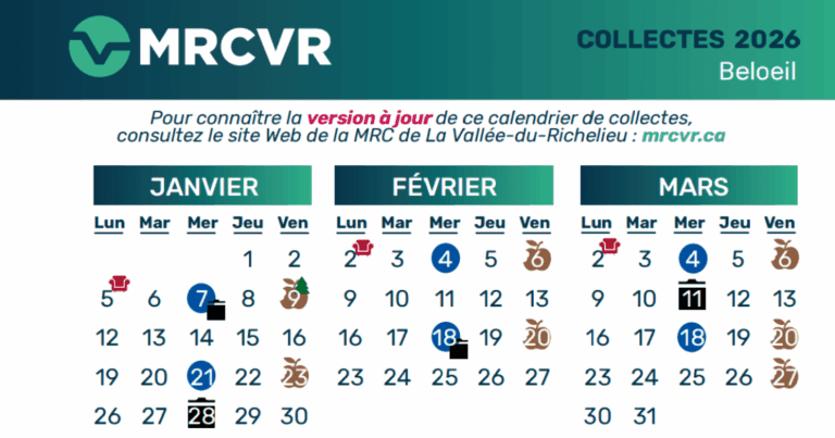 Calendrier de collectes 2026 pour Beloeil, montrant les mois de janvier à mars avec des pictogrammes de types de collectes.
