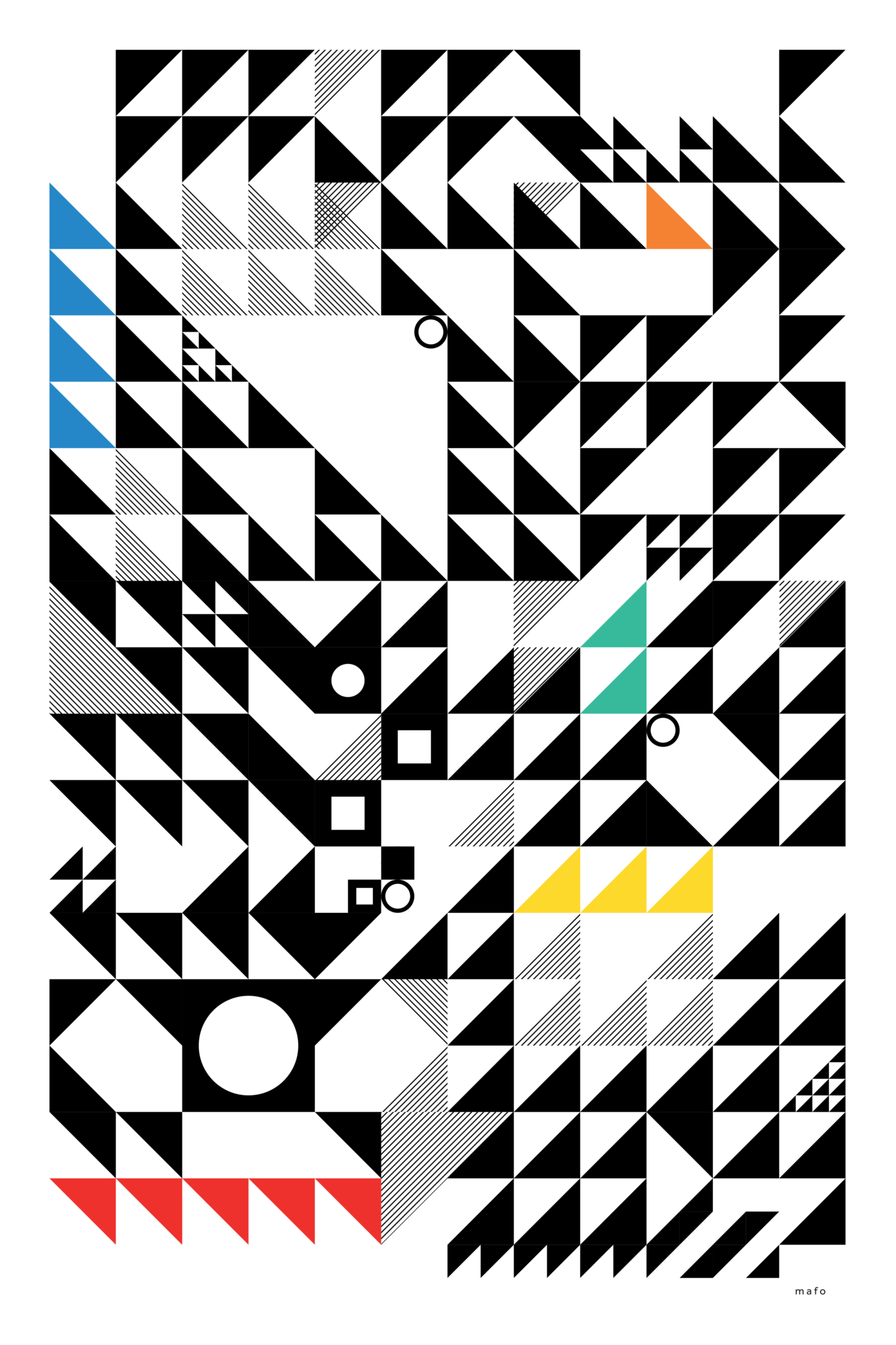 Motif abstrait géométrique noir et blanc composé de triangles, avec touches de bleu, orange, vert, jaune et rouge.