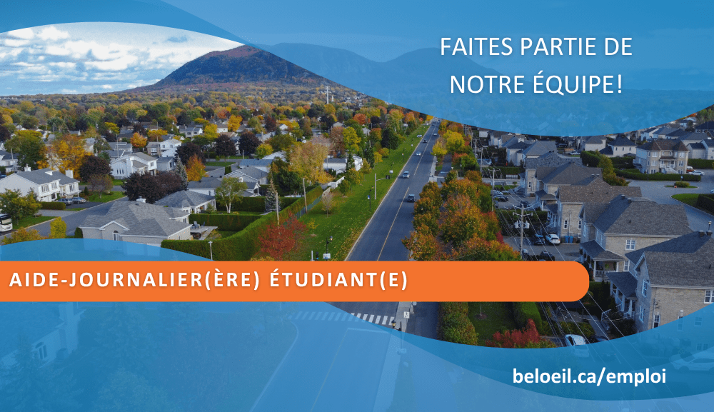 Affiche de recrutement de la Ville de Beloeil montrant une vue aérienne d’un quartier résidentiel en automne, avec le message : « Faites partie de notre équipe ! Aide-journalier(ère) étudiant(e) » et l’adresse beloeil.ca/emploi.