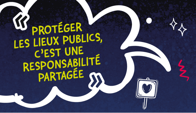 Affiche de sensibilisation portant le message « Protéger les lieux publics, c’est une responsabilité partagée » sur un fond bleu illustré d’éléments graphiques décoratifs.