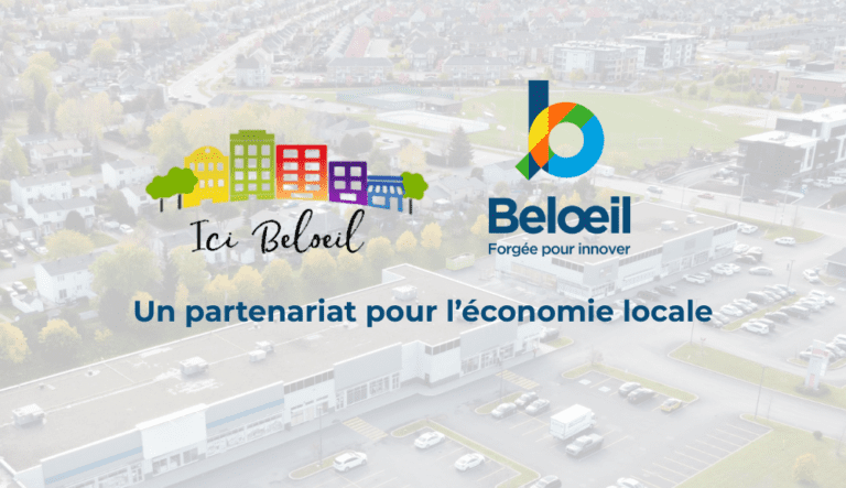 Visuel « Ici Beloeil » avec logos et mention d’un partenariat pour l’économie locale sur fond de vue aérienne.