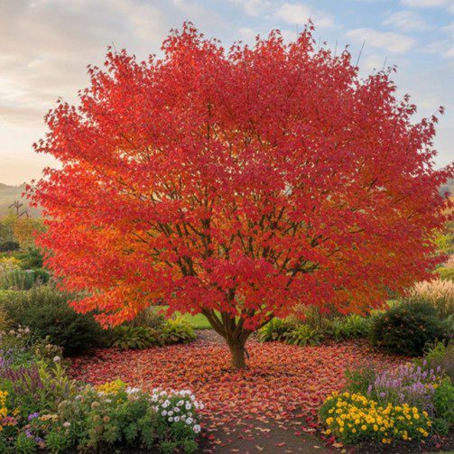 Érable de l’Amur au feuillage rouge éclatant dans un jardin fleuri en automne.