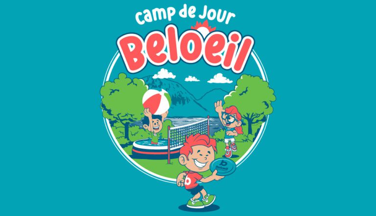 Illustration colorée du Camp de jour de Beloeil montrant des enfants souriants jouant à des activités sportives dans un parc, avec un plan d’eau et des montagnes en arrière-plan.