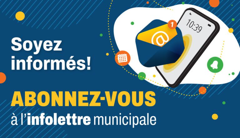 Abonnement à l’infolettre municipale : illustration d’un téléphone intelligent avec une enveloppe, une alerte, un calendrier et une cloche.