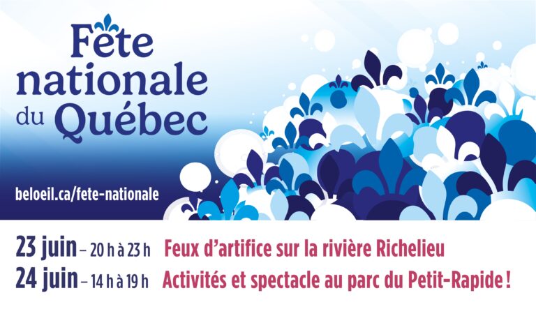 Affiche de la Fête nationale du Québec à Beloeil avec horaire des activités des 23 et 24 juin.