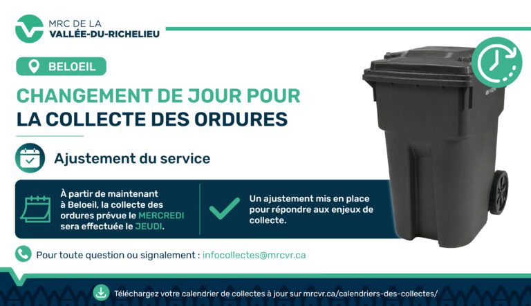Avis de la MRC de La Vallée-du-Richelieu annonçant qu’à Beloeil, la collecte des ordures passe du mercredi au jeudi.