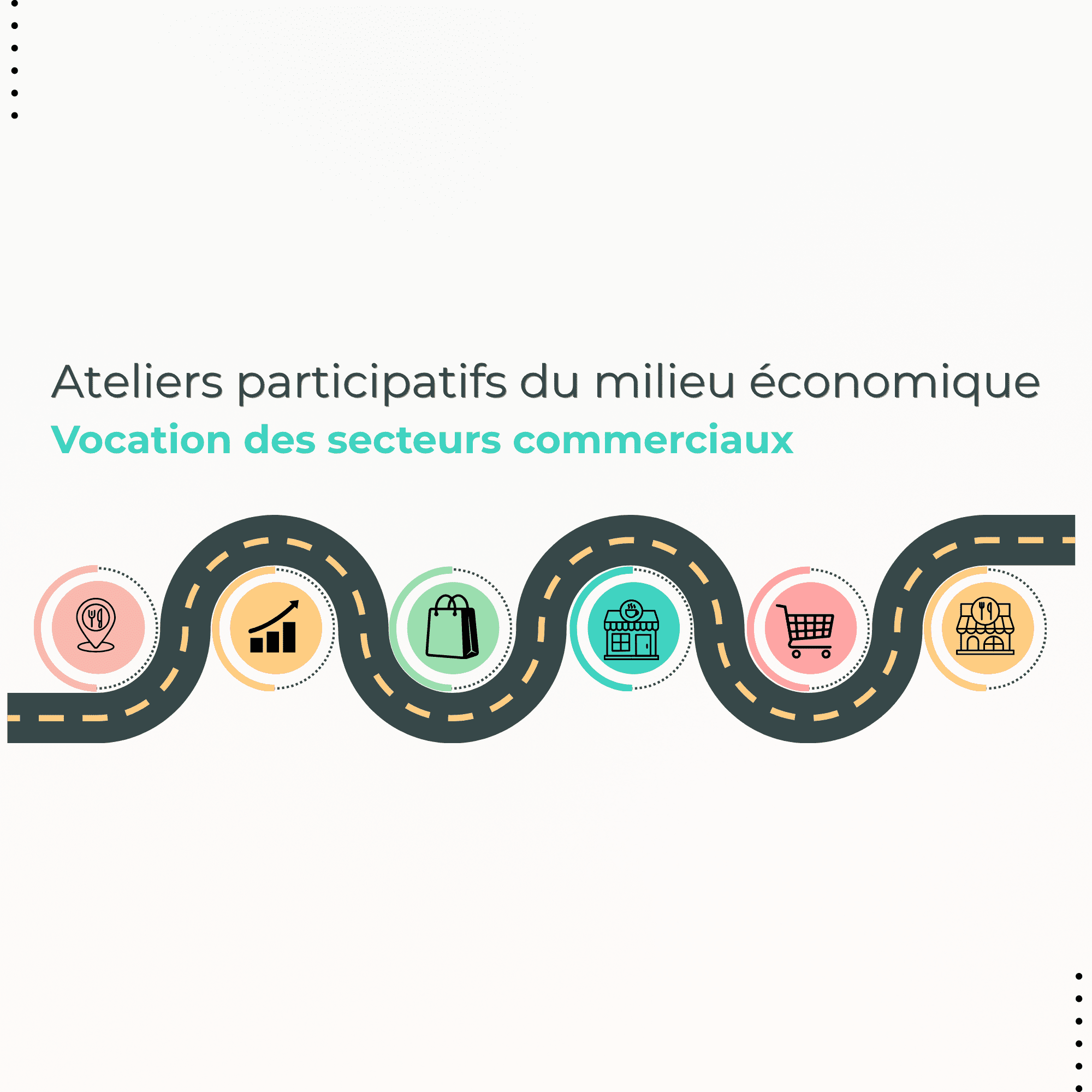 Annonce des ateliers participatifs du milieu économique sur la vocation des secteurs commerciaux. Une illustration en forme de route sinueuse relie des icônes représentant l’innovation, la croissance économique, le commerce de détail, les achats et la restauration.