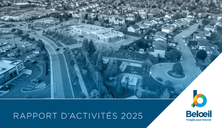 Couverture du Rapport d’activités 2025 de la Ville de Beloeil, avec une vue aérienne bleutée d’un quartier résidentiel et commercial, le titre du rapport et le logo de Beloeil.