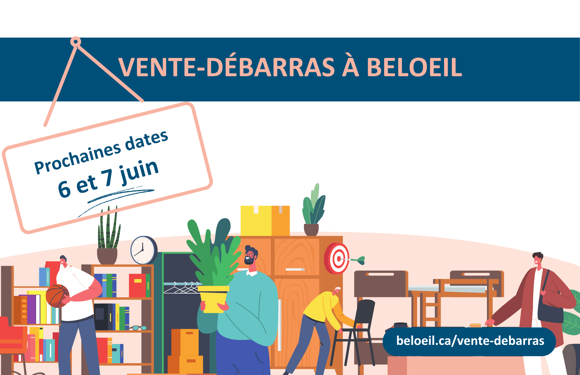 Annonce de la vente-débarras à Beloeil, avec les prochaines dates les 6 et 7 juin et l’adresse beloeil.ca/vente-debarras.