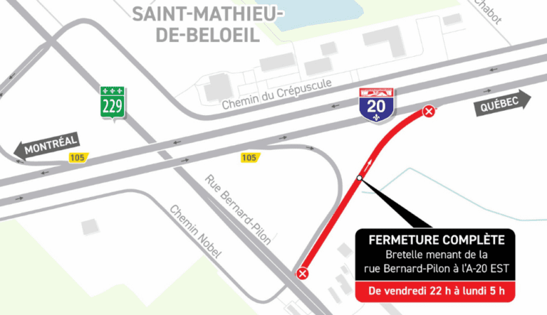 Carte indiquant la fermeture complète de la bretelle menant de la rue Bernard-Pilon à l’autoroute 20 Est, en direction de Québec.