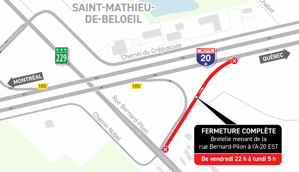 Carte indiquant la fermeture complète de la bretelle menant de la rue Bernard-Pilon à l’autoroute 20 Est, en direction de Québec.