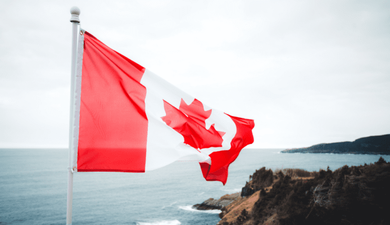 Drapeau canadien flottant au vent devant une côte rocheuse et l’océan.