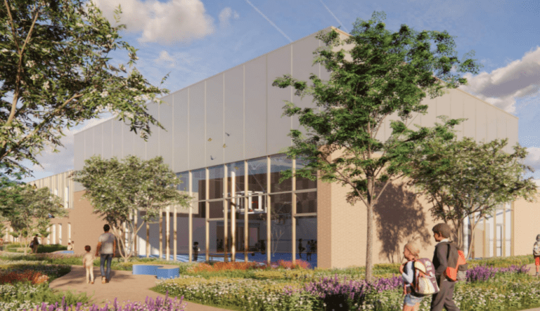 Rendu architectural d’un centre sportif moderne entouré d’arbres et de jardins, avec des familles marchant vers une grande façade vitrée.