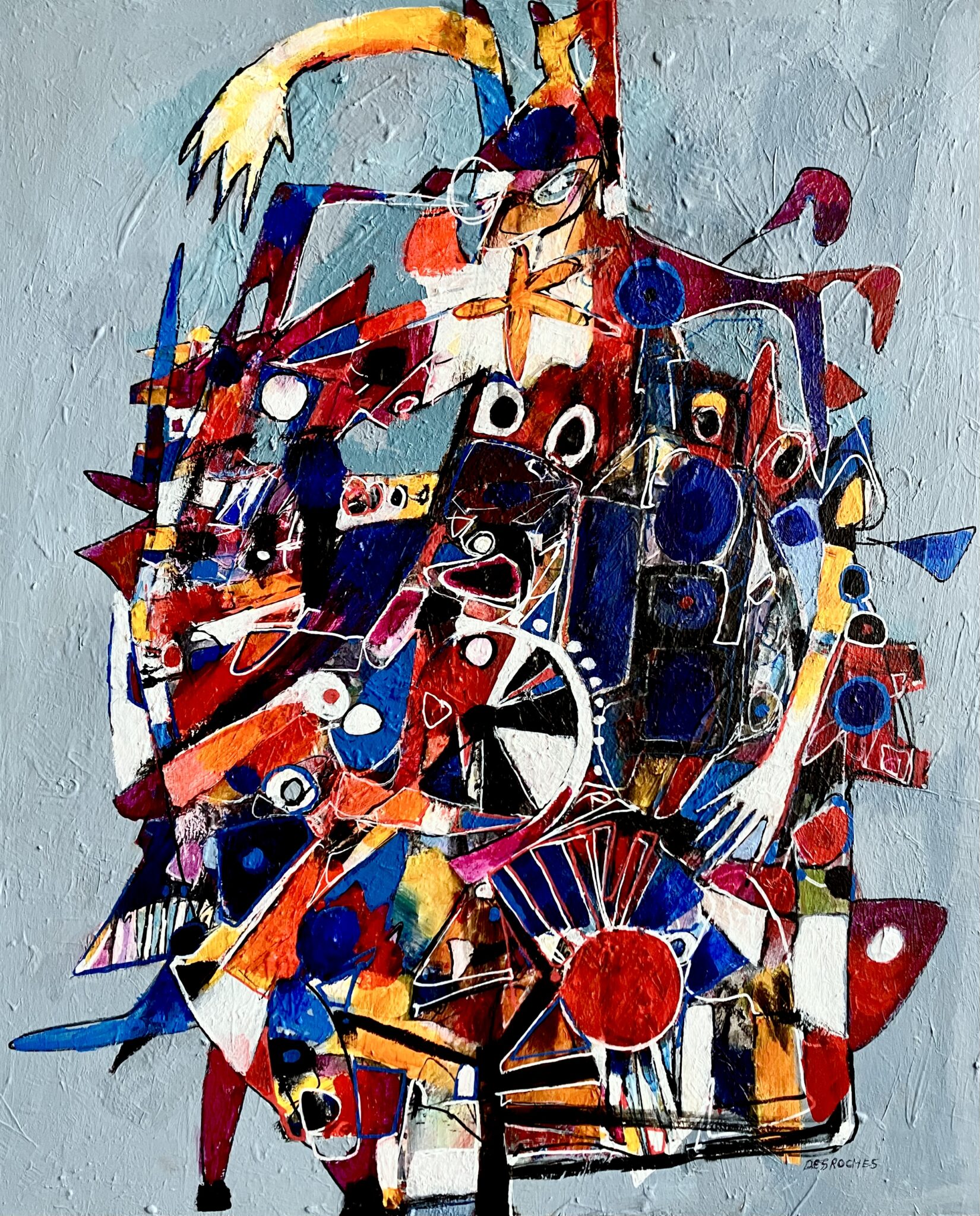 Œuvre abstraite colorée composée de formes géométriques, de lignes et de motifs superposés dans des tons de rouge, bleu, jaune, noir et blanc sur fond gris pâle.