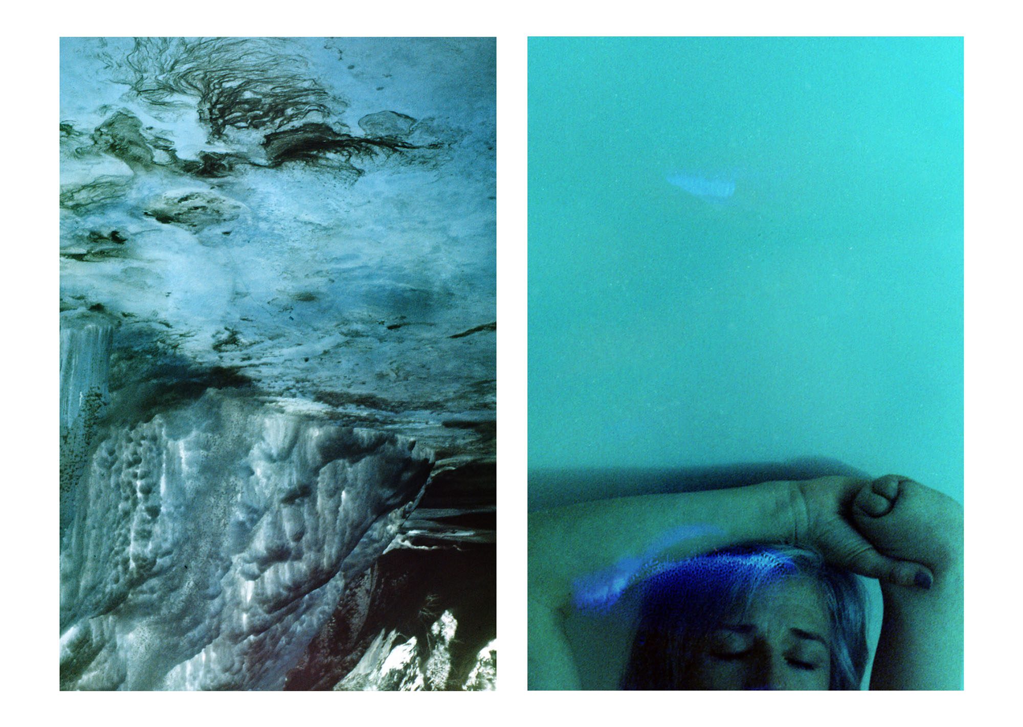 Diptyque photographique aux teintes bleu-vert montrant, à gauche, une scène sous l’eau et, à droite, une personne partiellement visible sous une surface d’eau translucide.