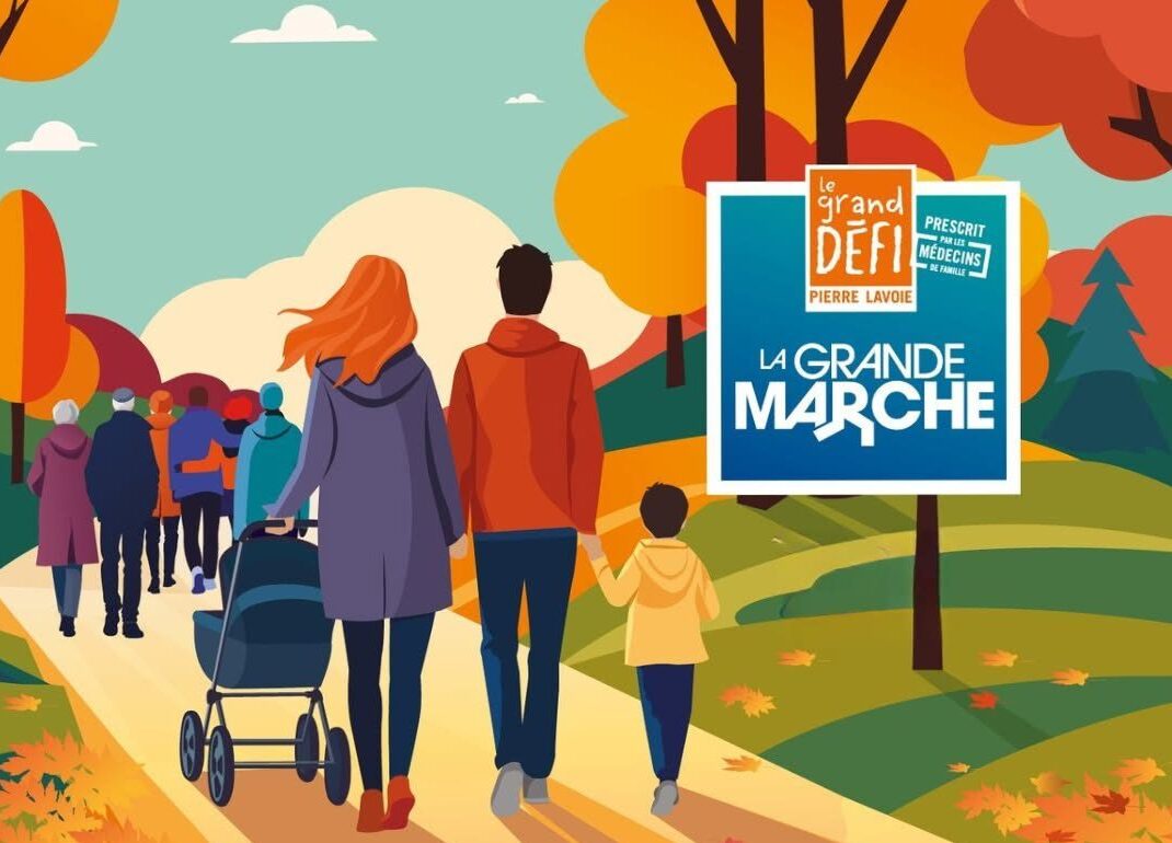 Illustration promotionnelle de La Grande marche Pierre Lavoie montrant plusieurs personnes marchant sur un sentier automnal, avec une famille au premier plan et un panneau indiquant « La Grande Marche ».