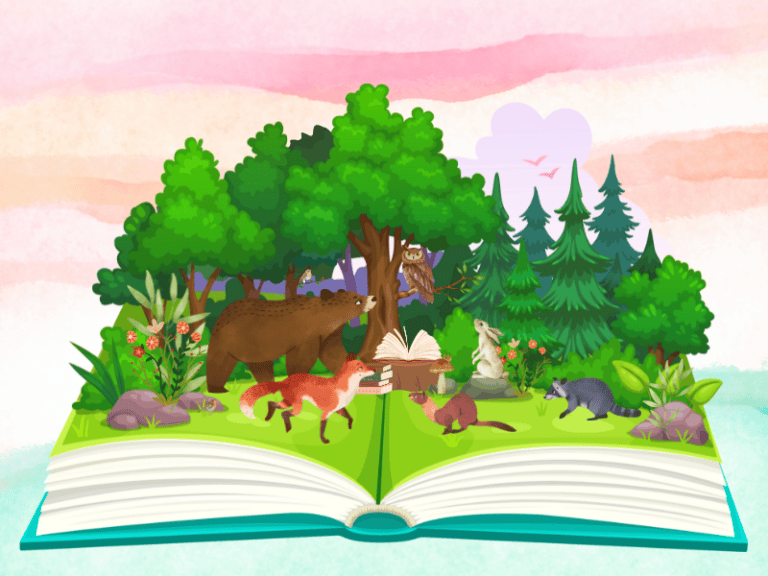 Illustration d’un livre ouvert d’où émerge une forêt peuplée d’animaux sauvages, dont un ours, un renard, un hibou, un castor et un raton laveur.