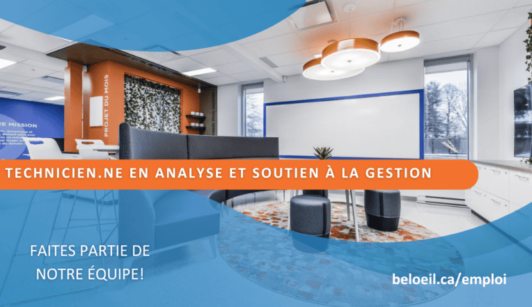 Bannière de recrutement pour un poste de technicienne ou technicien en analyse et soutien à la gestion à Beloeil, avec photo d’un espace de travail moderne et le message « Faites partie de notre équipe! ».