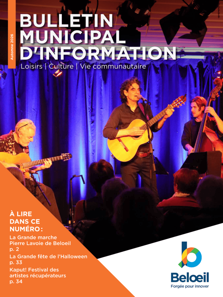 Couverture du Bulletin municipal d’information de Beloeil, automne 2026, illustrée par une prestation musicale sur scène et présentant les activités de loisirs, culture et vie communautaire.