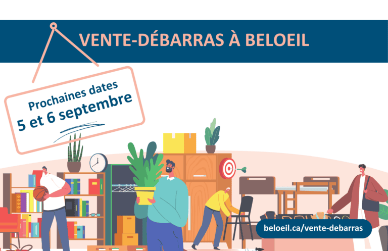 Illustration promotionnelle d’une vente-débarras à Beloeil, avec des personnes entourées de meubles, livres, plantes et objets usagés.