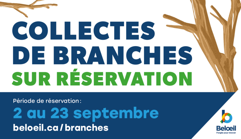 Affiche annonçant une collecte de branches sur réservation à Beloeil. Période de réservation du 2 au 23 septembre, à l’adresse beloeil.ca/branches.