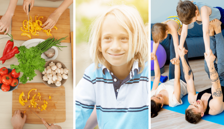 Collage illustrant une alimentation saine, un enfant souriant et des parents jouant avec leurs enfants à la maison.