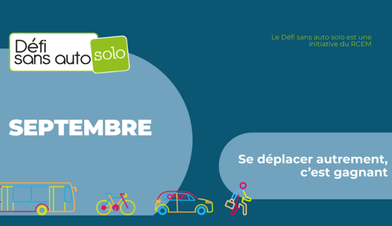 Visuel du « Défi sans auto solo » pour septembre, avec le slogan « Se déplacer autrement, c’est gagnant » et des illustrations d’un autobus, d’un vélo, d’une voiture et d’une personne à pied.