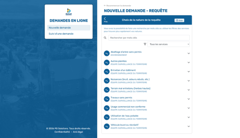 Interface « Nouvelle demande – Requête » de la Ville de Beloeil présentant un outil de recherche et une liste de catégories pour choisir la nature d’une requête.