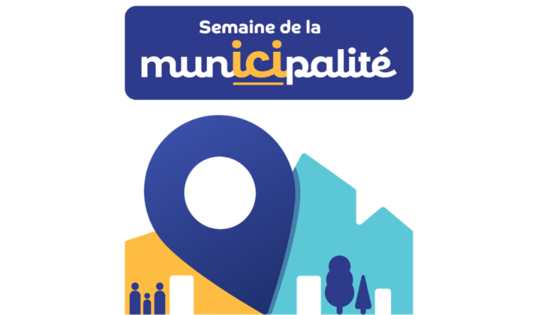 Illustration de la Semaine de la municipalité avec une grande épingle de localisation devant des maisons stylisées.