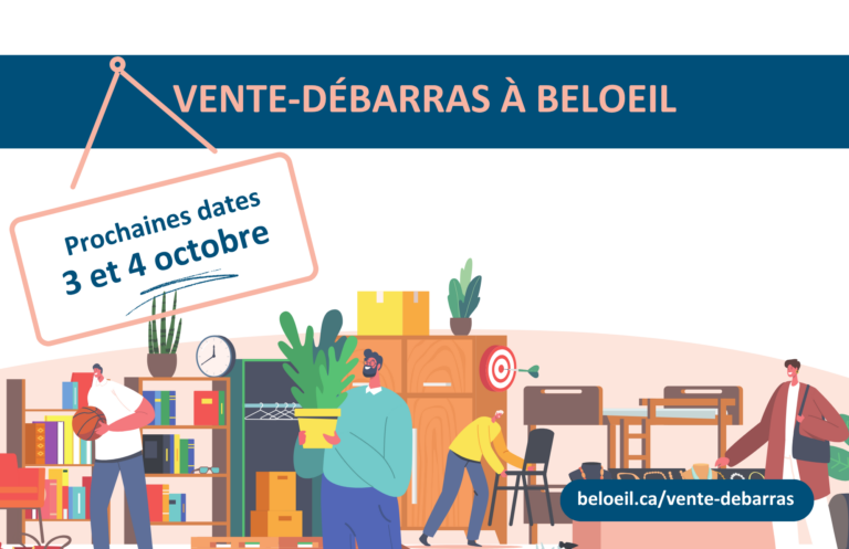 Affiche annonçant une vente-débarras à Beloeil les 3 et 4 octobre, illustrée par plusieurs personnes déplaçant et achetant des objets de maison et du mobilier.