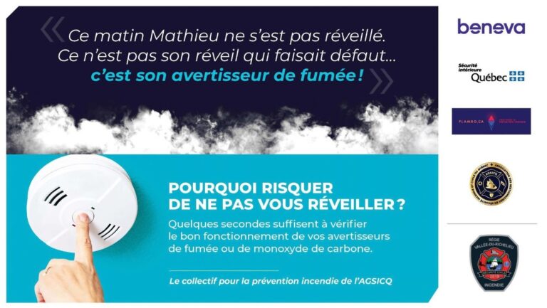 Visuel de prévention incendie rappelant de vérifier le bon fonctionnement des avertisseurs de fumée et de monoxyde de carbone.